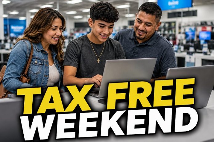 Hispanic family shops for a laptop during New Mexico's Tax Free Weekend at an electronics store before the start of the school year.