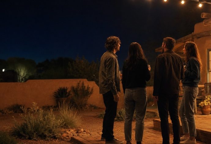 Illustration depicting four adults gathered outdoors at night in New Mexico, with one person holding a marijuana joint