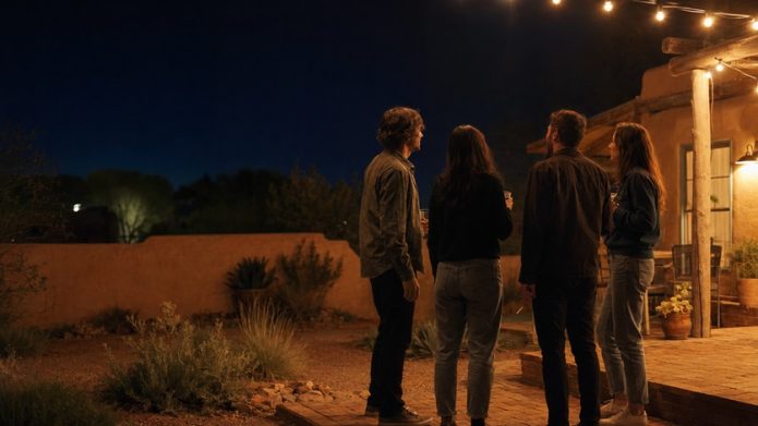 Illustration depicting four adults gathered outdoors at night in New Mexico, with one person holding a marijuana joint