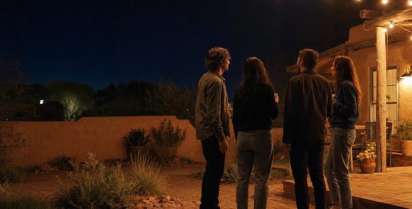 Illustration depicting four adults gathered outdoors at night in New Mexico, with one person holding a marijuana joint