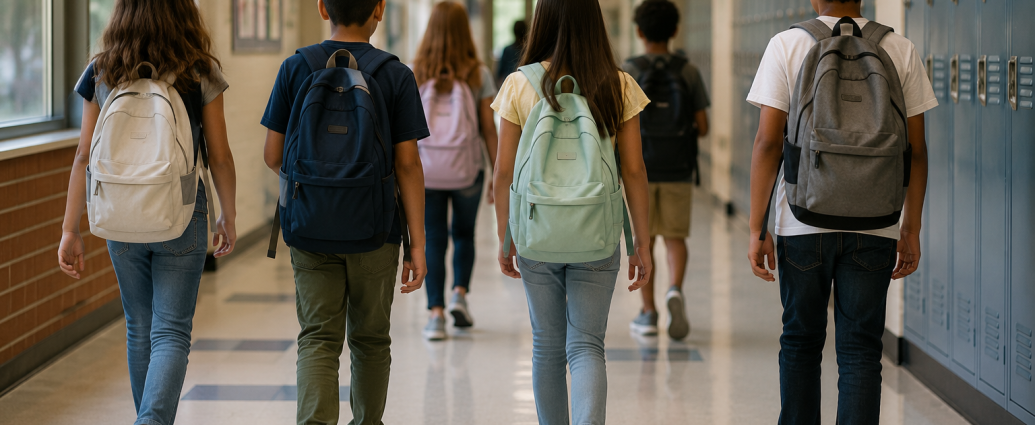 Students wearing appropriate school clothing and backpacks walk through a school hallway before class.
