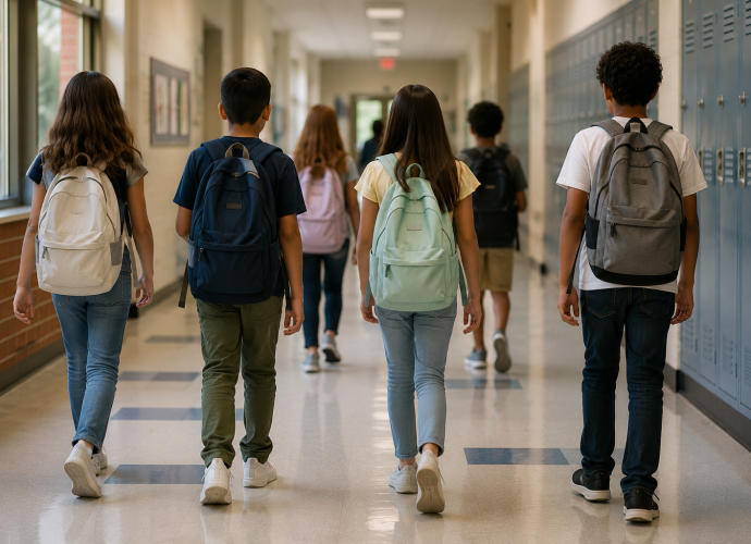 Students wearing appropriate school clothing and backpacks walk through a school hallway before class.