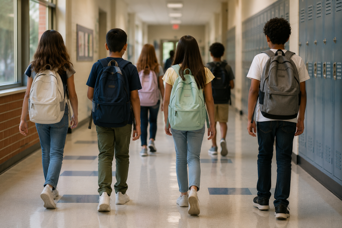 Students wearing appropriate school clothing and backpacks walk through a school hallway before class.