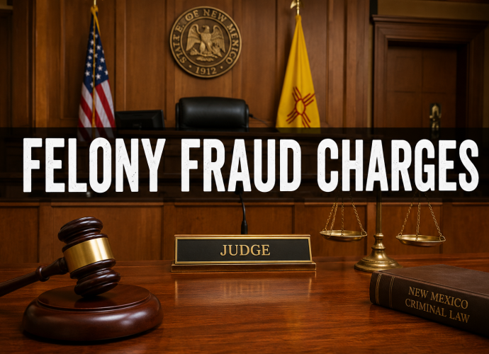 Judge's bench and gavel inside a New Mexico courtroom with the words "Felony Fraud Charges."