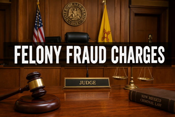 Judge's bench and gavel inside a New Mexico courtroom with the words "Felony Fraud Charges."