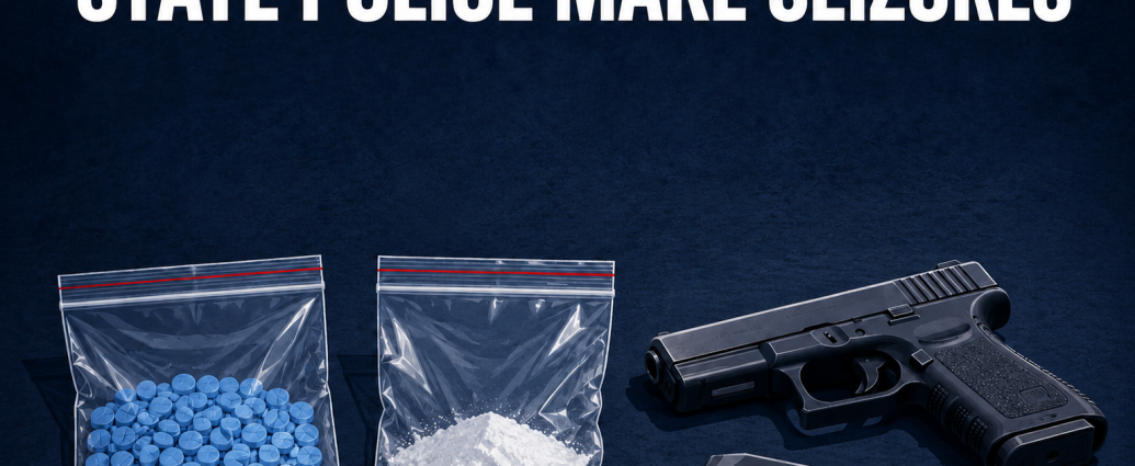 Illustration showing suspected fentanyl pills and powder, a handgun and a magazine in a State Police seizure investigation.