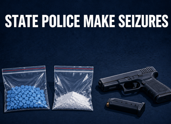 Illustration showing suspected fentanyl pills and powder, a handgun and a magazine in a State Police seizure investigation.