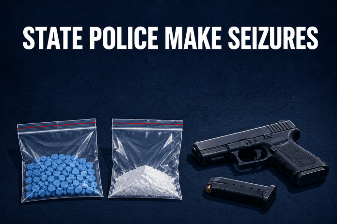 Illustration showing suspected fentanyl pills and powder, a handgun and a magazine in a State Police seizure investigation.
