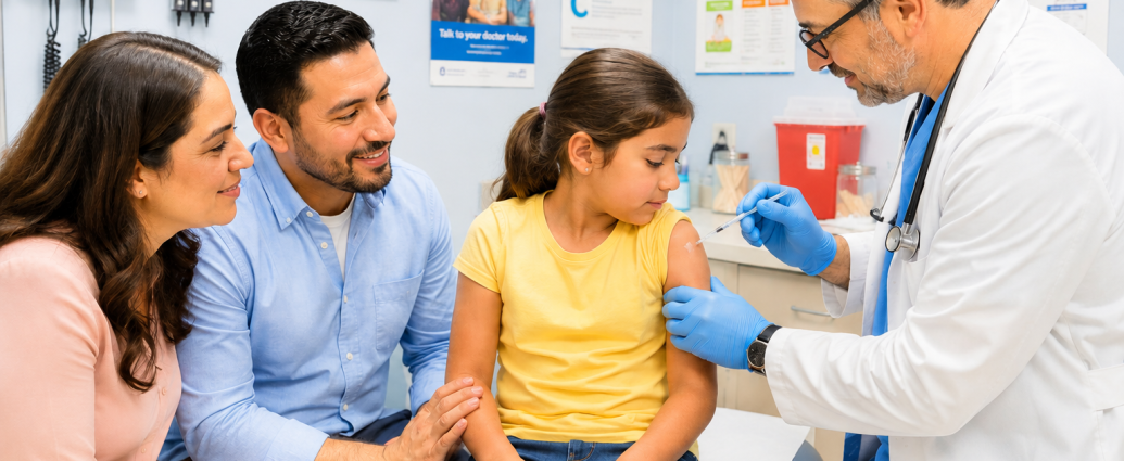 Doctor administering a routine childhood vaccination while the child’s parents provide support