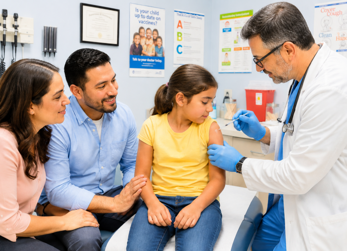 Doctor administering a routine childhood vaccination while the child’s parents provide support