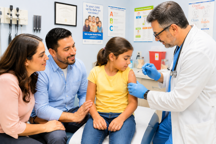 Doctor administering a routine childhood vaccination while the child’s parents provide support