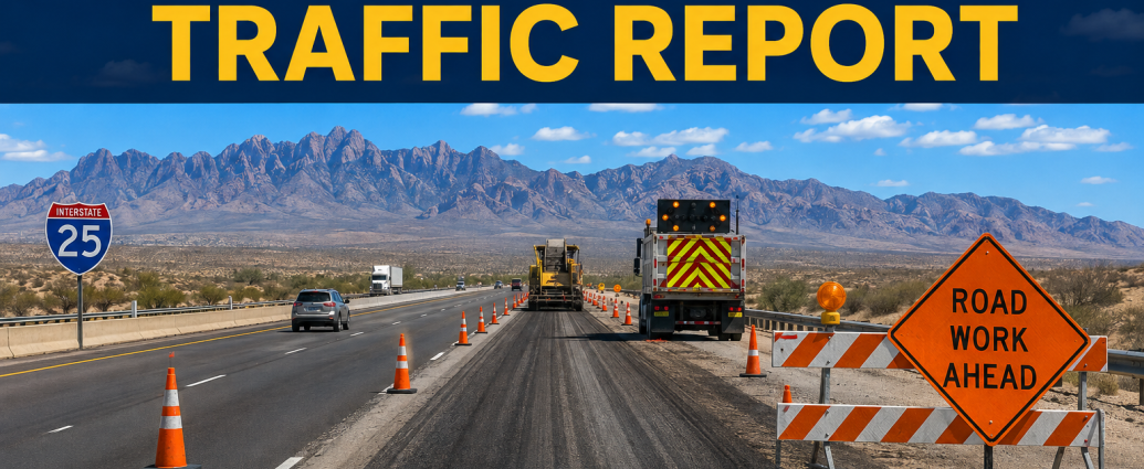 Road construction scene on Interstate 25 near Las Cruces with traffic cones, work vehicles, a Road Work Ahead sign, and text announcing the Aug. 23–30 traffic report.