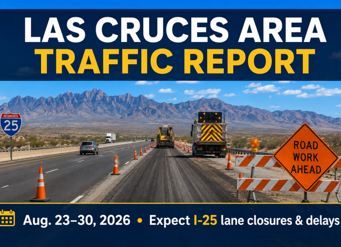Road construction scene on Interstate 25 near Las Cruces with traffic cones, work vehicles, a Road Work Ahead sign, and text announcing the Aug. 23–30 traffic report.