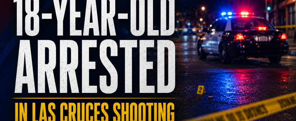 News graphic showing a police vehicle, crime scene tape and evidence markers with the words “18-Year-Old Arrested in Las Cruces Shooting.”