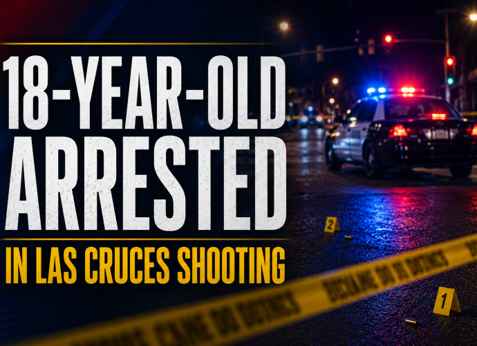 News graphic showing a police vehicle, crime scene tape and evidence markers with the words “18-Year-Old Arrested in Las Cruces Shooting.”