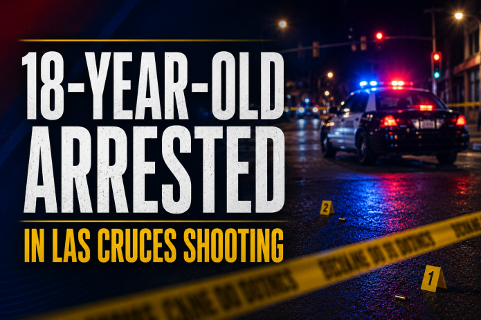 News graphic showing a police vehicle, crime scene tape and evidence markers with the words “18-Year-Old Arrested in Las Cruces Shooting.”