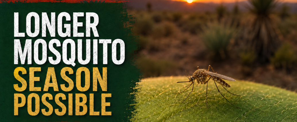 Mosquito resting on a leaf with a New Mexico sunset and the words “Longer Mosquito Season Possible