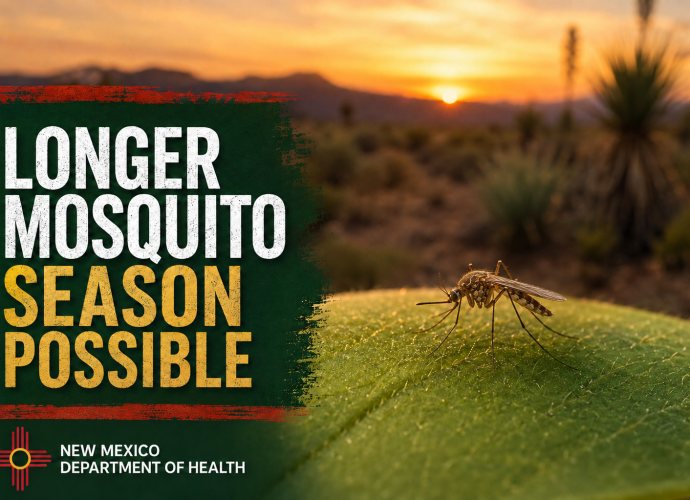 Mosquito resting on a leaf with a New Mexico sunset and the words “Longer Mosquito Season Possible