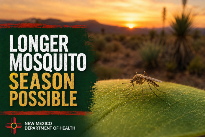 Mosquito resting on a leaf with a New Mexico sunset and the words “Longer Mosquito Season Possible