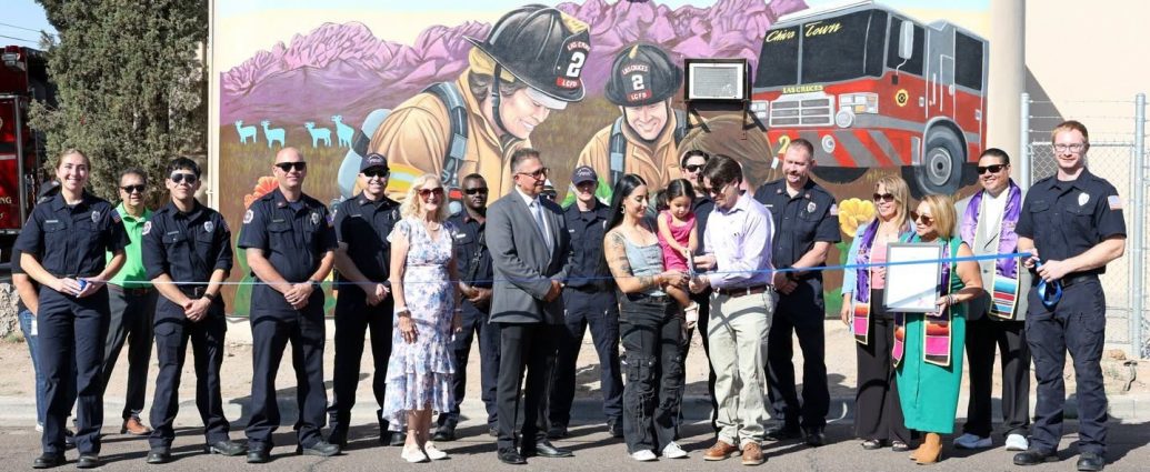Ribbon-cutting ceremony for the Cultivating Community mural at Las Cruces Fire Station 2.