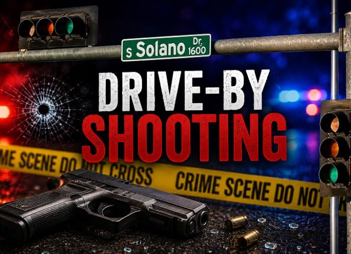 Drive-by shooting graphic featuring the South Solano Drive street sign, crime scene tape and a handgun in Las Cruces.
