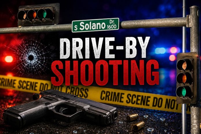 Drive-by shooting graphic featuring the South Solano Drive street sign, crime scene tape and a handgun in Las Cruces.