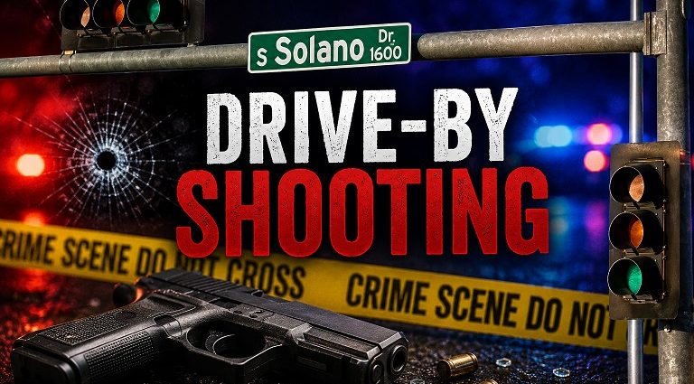 Drive-by shooting graphic featuring the South Solano Drive street sign, crime scene tape and a handgun in Las Cruces.