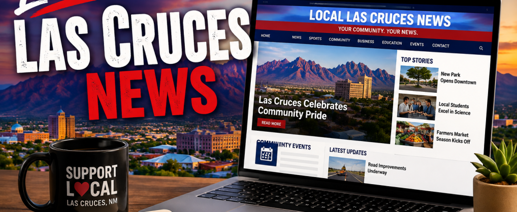 Local Las Cruces News graphic featuring a laptop with a Las Cruces community news website and the Organ Mountains in the background.