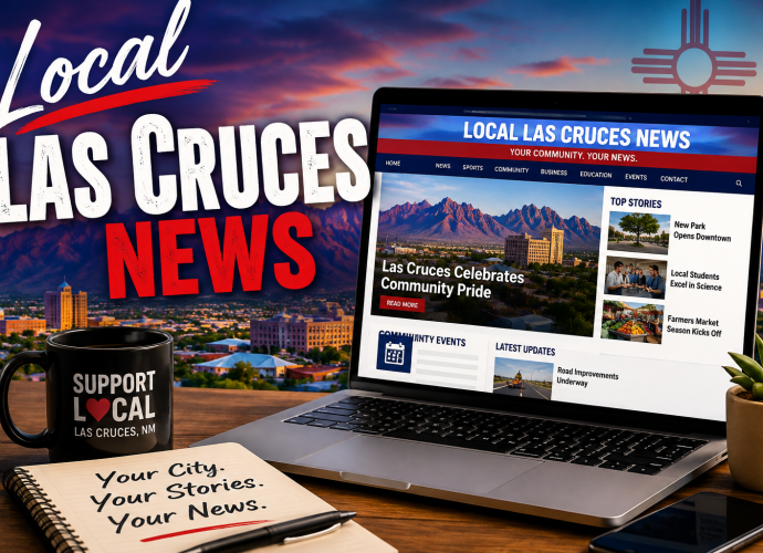 Local Las Cruces News graphic featuring a laptop with a Las Cruces community news website and the Organ Mountains in the background.