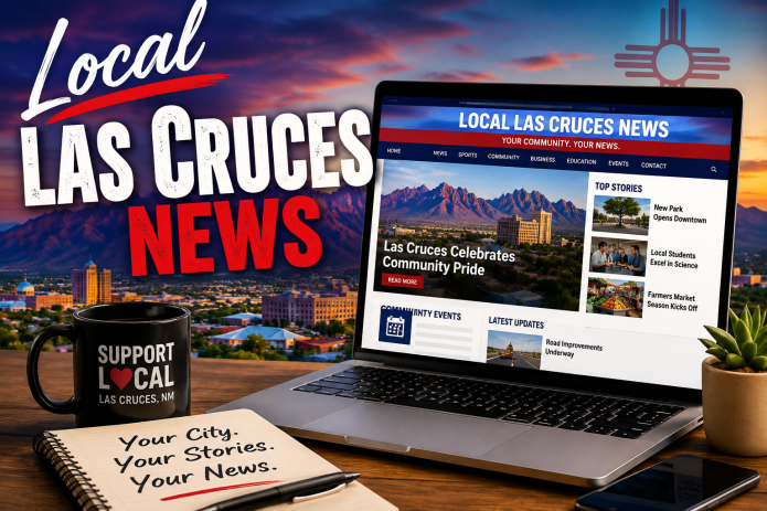 Local Las Cruces News graphic featuring a laptop with a Las Cruces community news website and the Organ Mountains in the background.