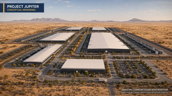 Concept rendering showing the proposed Project Jupiter data center complex near Santa Teresa, New Mexico.
