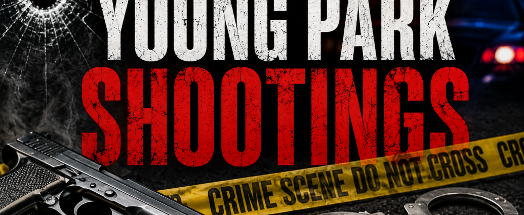 News graphic reading “Young Park Shootings” with crime scene tape, handcuffs, a firearm and police lights.
