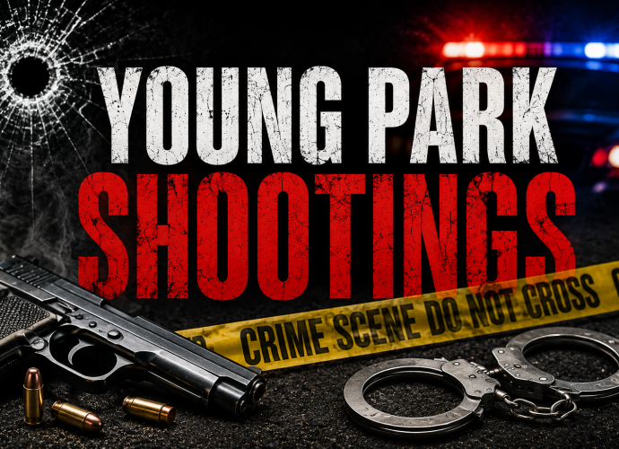 News graphic reading “Young Park Shootings” with crime scene tape, handcuffs, a firearm and police lights.