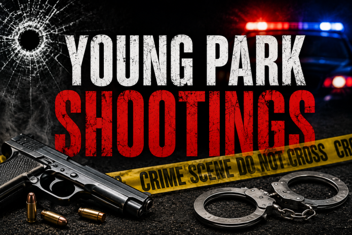 News graphic reading “Young Park Shootings” with crime scene tape, handcuffs, a firearm and police lights.