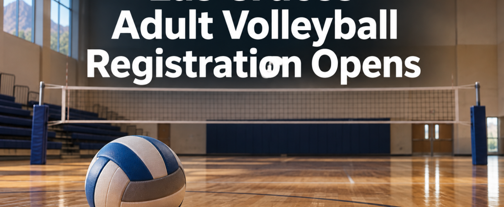 Volleyball and net on an indoor hardwood court with the headline “Las Cruces Adult Volleyball Registration Opens.”