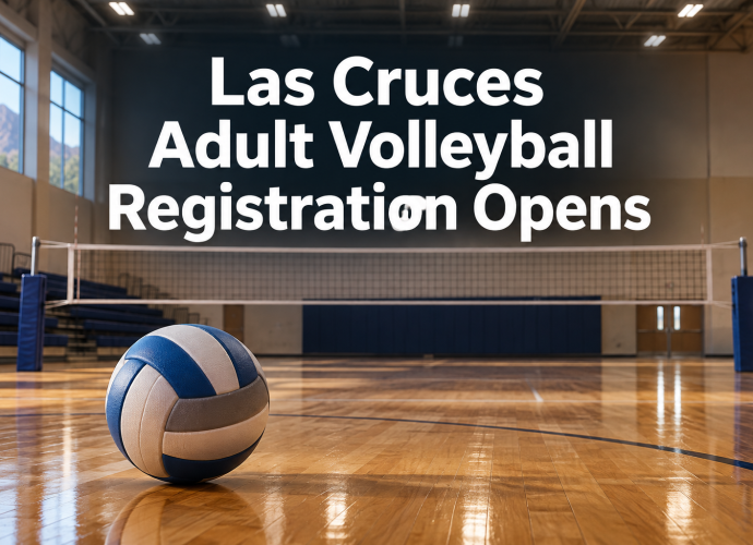 Volleyball and net on an indoor hardwood court with the headline “Las Cruces Adult Volleyball Registration Opens.”