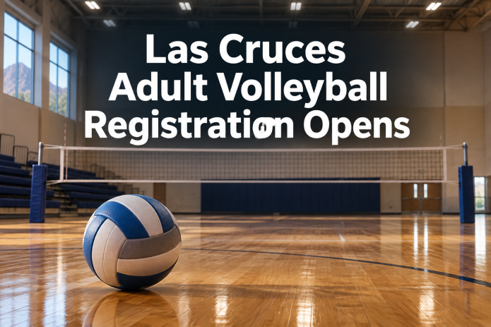 Volleyball and net on an indoor hardwood court with the headline “Las Cruces Adult Volleyball Registration Opens.”