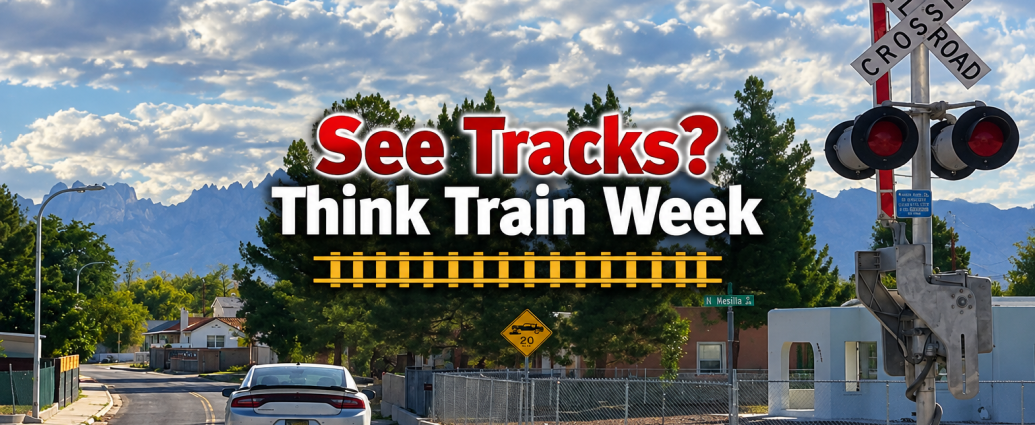 Railroad crossing in Las Cruces with See Tracks? Think Train Week safety message.