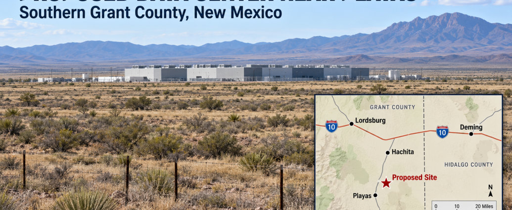 Conceptual illustration of a proposed data center near Playas, New Mexico, with a regional location map.