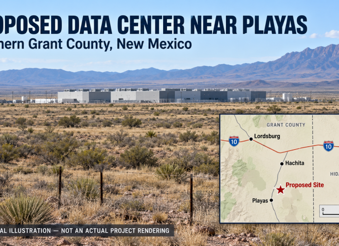 Conceptual illustration of a proposed data center near Playas, New Mexico, with a regional location map.
