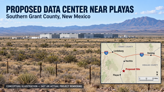 Conceptual illustration of a proposed data center near Playas, New Mexico, with a regional location map.