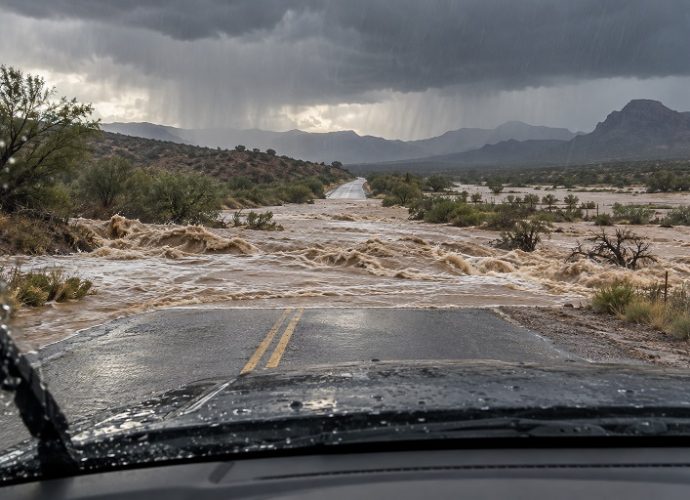 Illustration of heavy rain and floodwater rushing across a roadway, viewed from inside a stopped car.