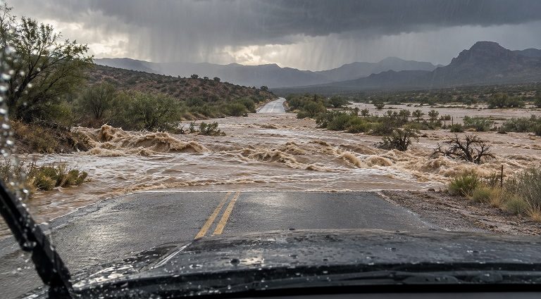 Illustration of heavy rain and floodwater rushing across a roadway, viewed from inside a stopped car.