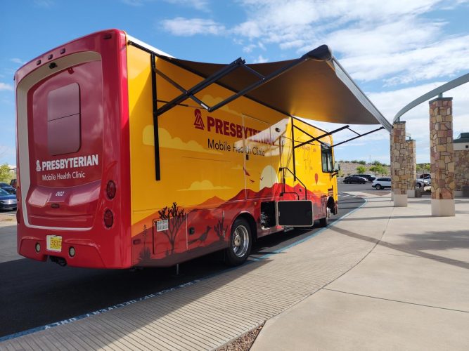 Inside Presbyterian Mobile Health Unit providing free biometric screenings at DACC in Las Cruces