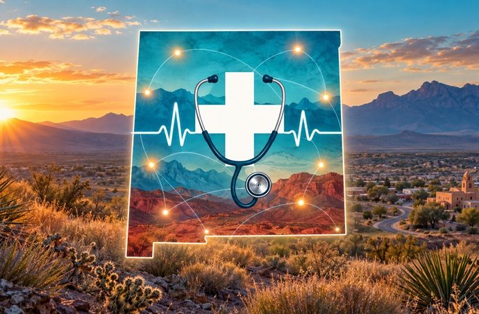 New Mexico outline with a medical cross, stethoscope and connected rural healthcare hubs