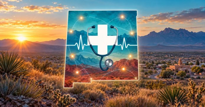 New Mexico outline with a medical cross, stethoscope and connected rural healthcare hubs