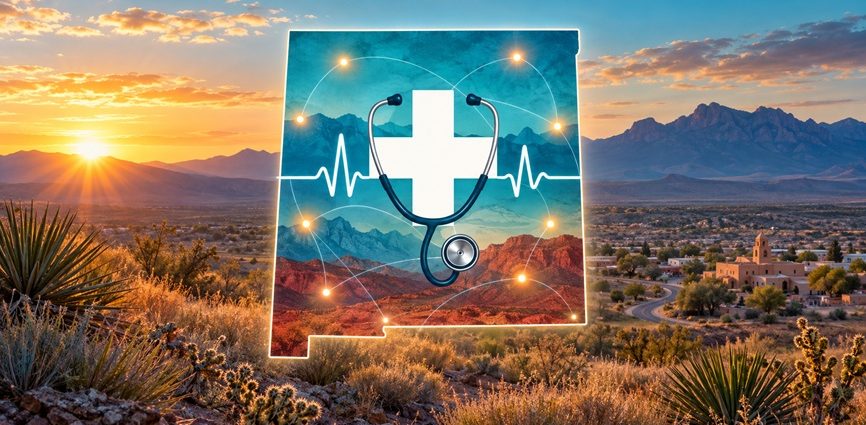 New Mexico outline with a medical cross, stethoscope and connected rural healthcare hubs