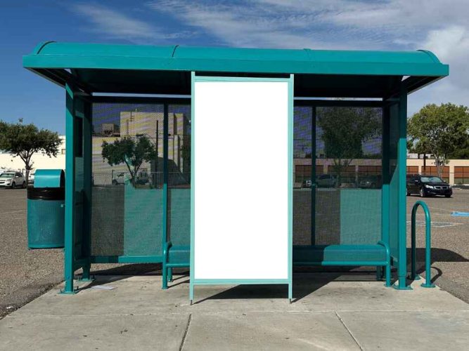 Las Cruces bus shelter with a central display panel for public artwork.
