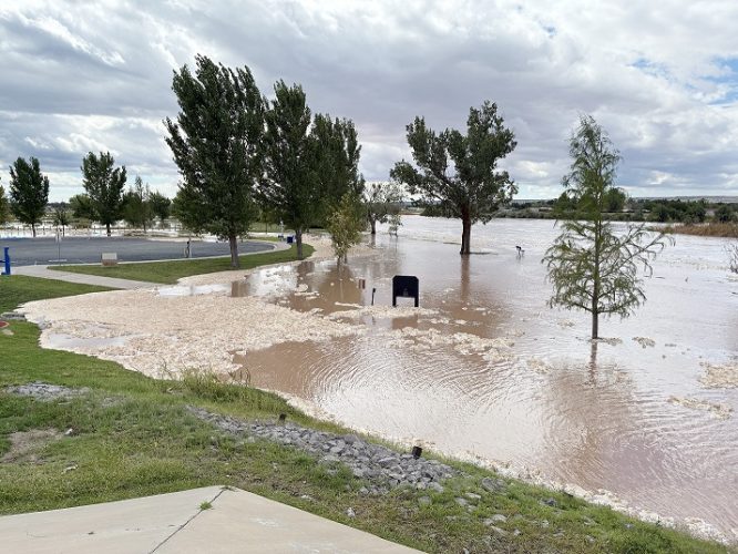Flooding and debris at La Llorona Park in Las Cruces.