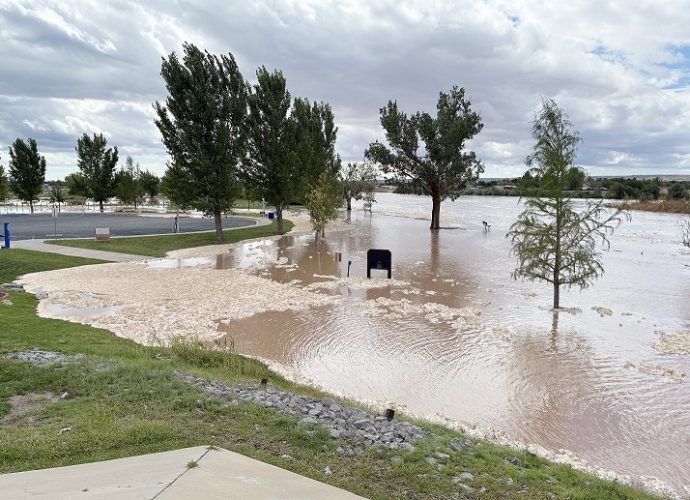 Flooding and debris at La Llorona Park in Las Cruces.